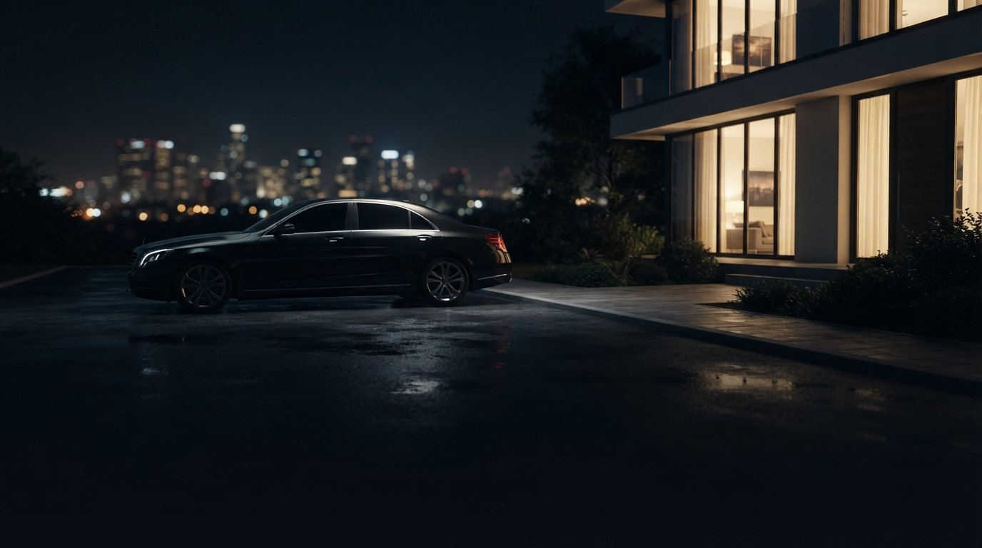 A single cinematic frame layering three worlds without a collage seam: in the right of the frame the lit glass facade