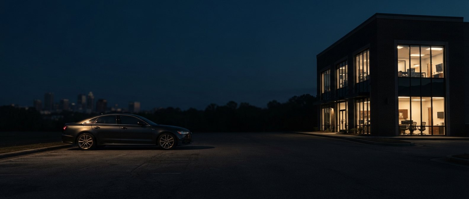 The hero’s layered composite restated at last light, wide and panoramic: a modern building on the right with its interior