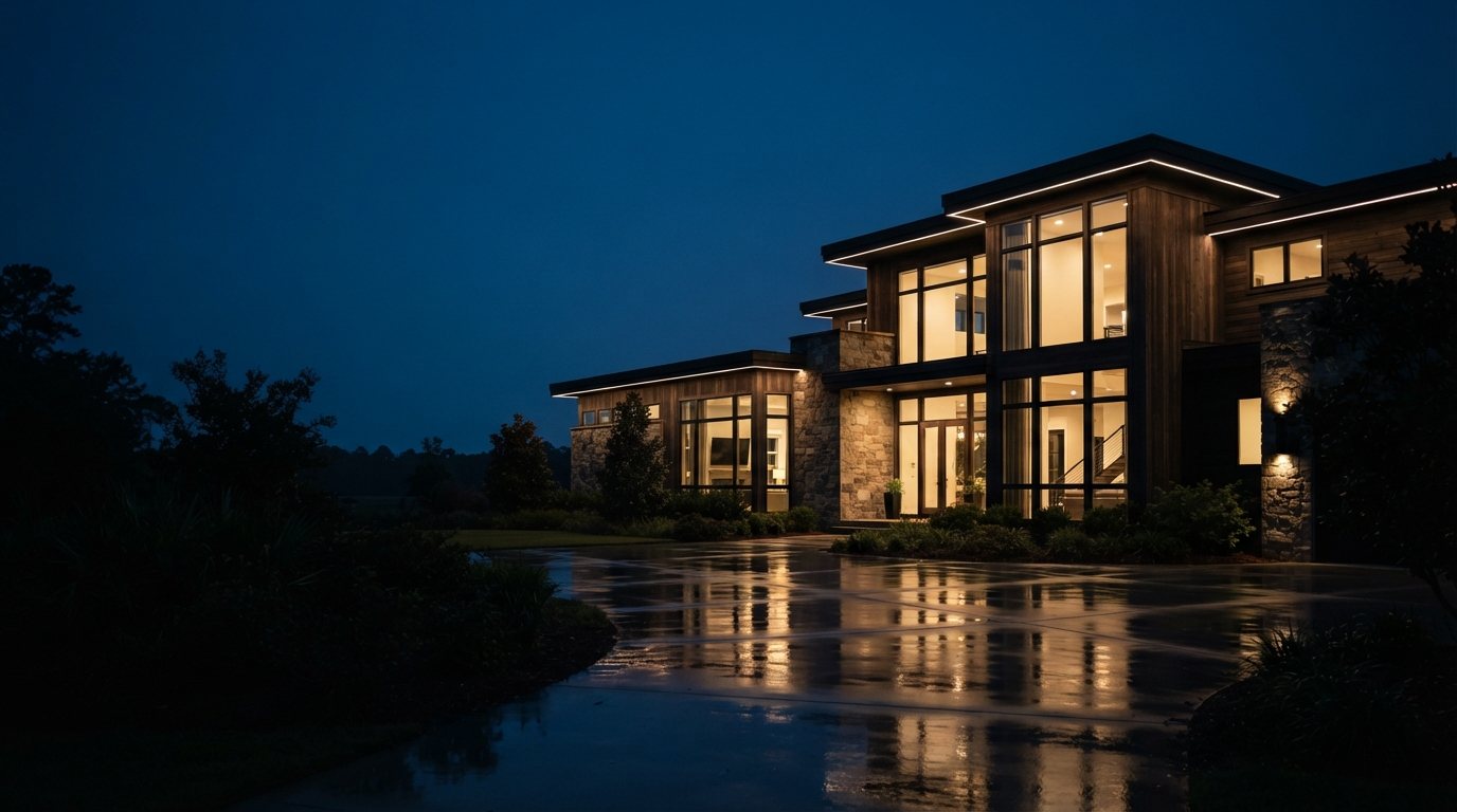 A modern luxury property at blue hour photographed wide from the approach, interior lights on throughout, large glazed