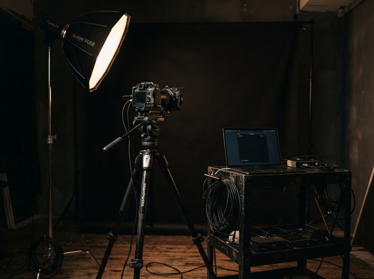 A content production setup photographed at a slight angle: a camera on a tripod facing a seamless black backdrop, a softbox