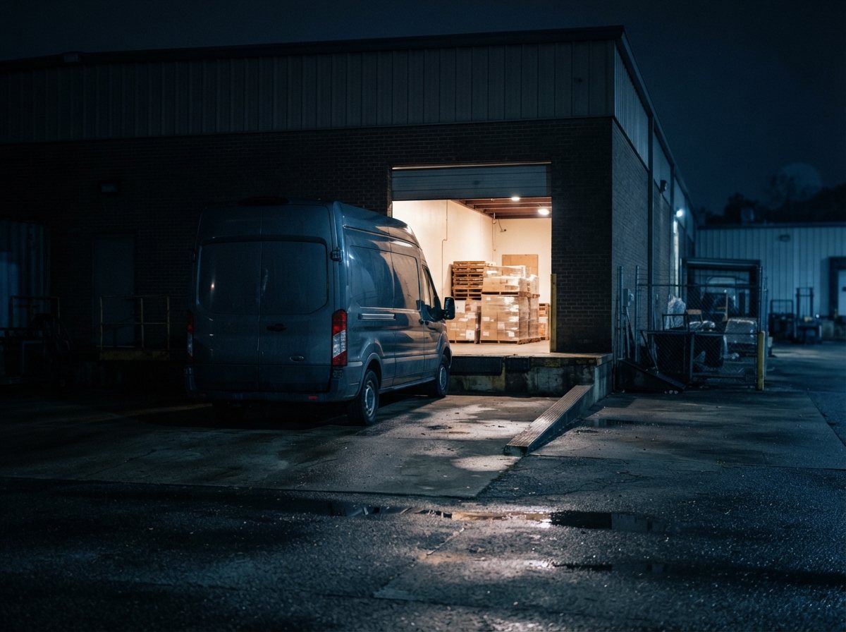 A warehouse loading bay at night, roller door open, the interior lit warm against the cold blue of the yard, stacked pallets