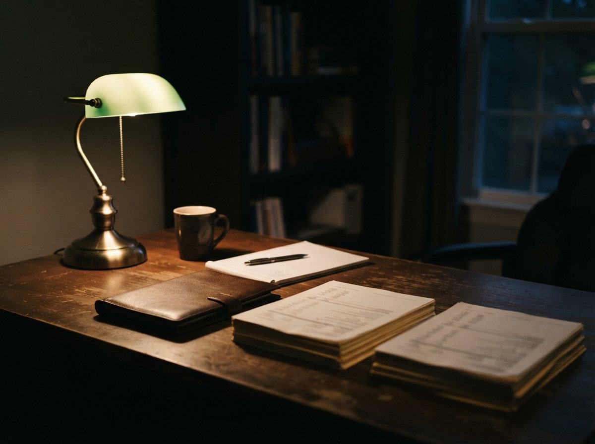 A quiet desk under a single lamp: organized paperwork squared into two neat stacks, a closed leather folio, a pen laid across