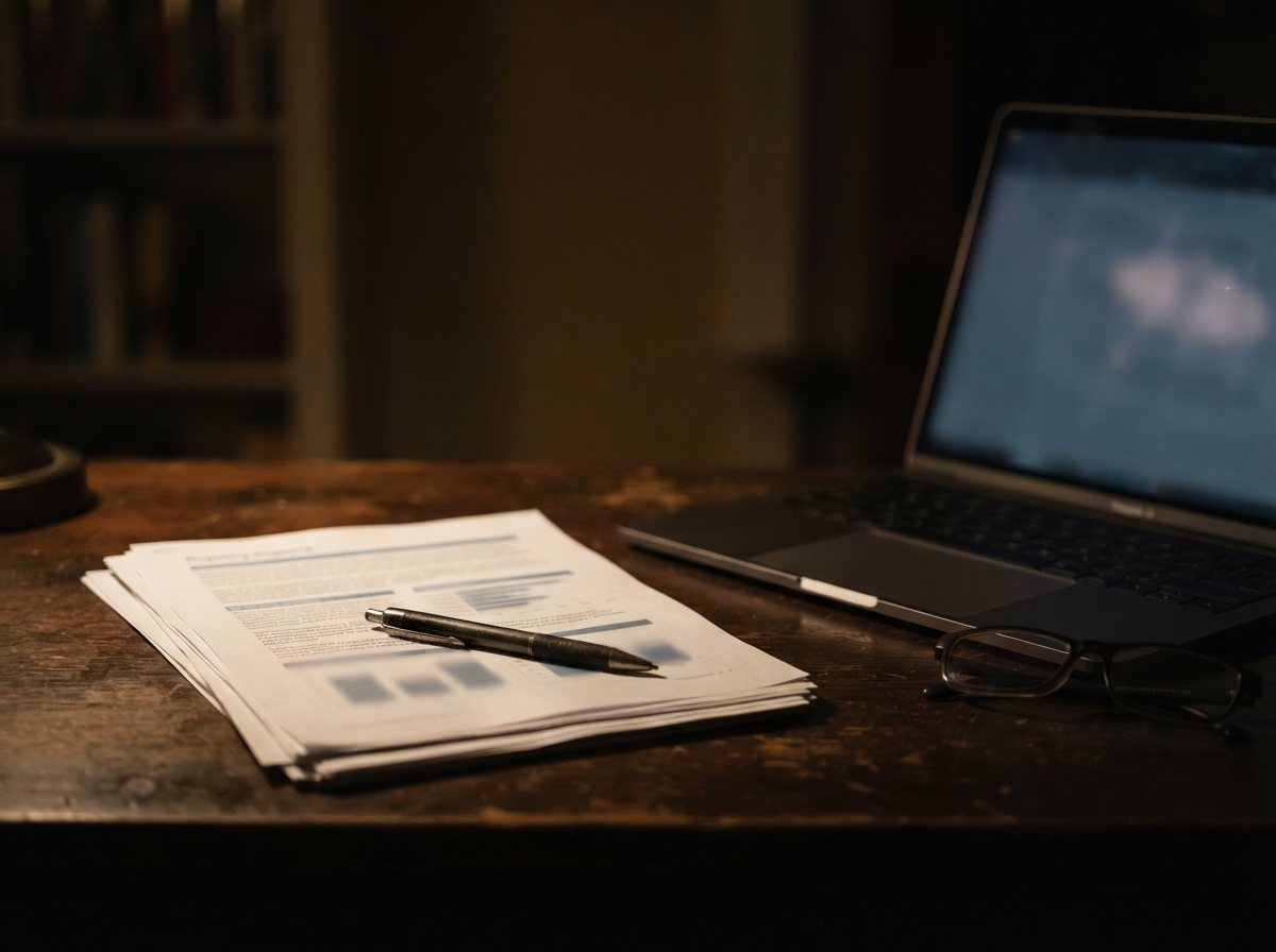 A printed multi-page report lying beside a partly closed laptop on a dark desk, a pen resting on the top page, reading