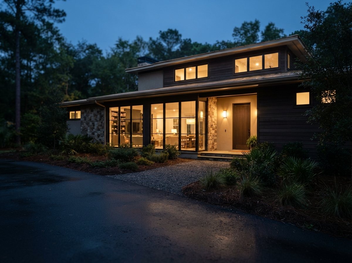 The lit facade of a modern single-family home at dusk, photographed three-quarter from the driveway: clean horizontal
