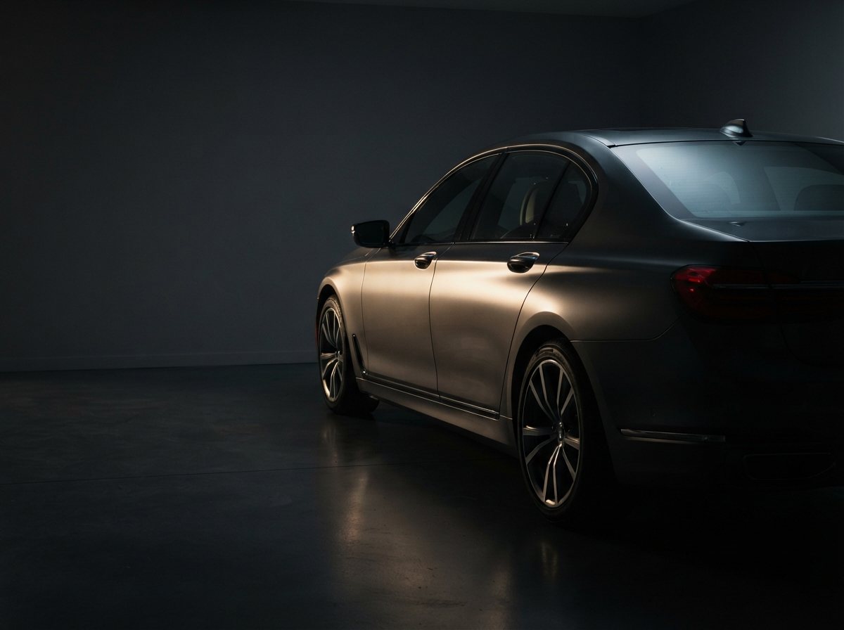 A clean premium dark-grey luxury SEDAN photographed from BEHIND THE REAR QUARTER in a private finished garage at night, so