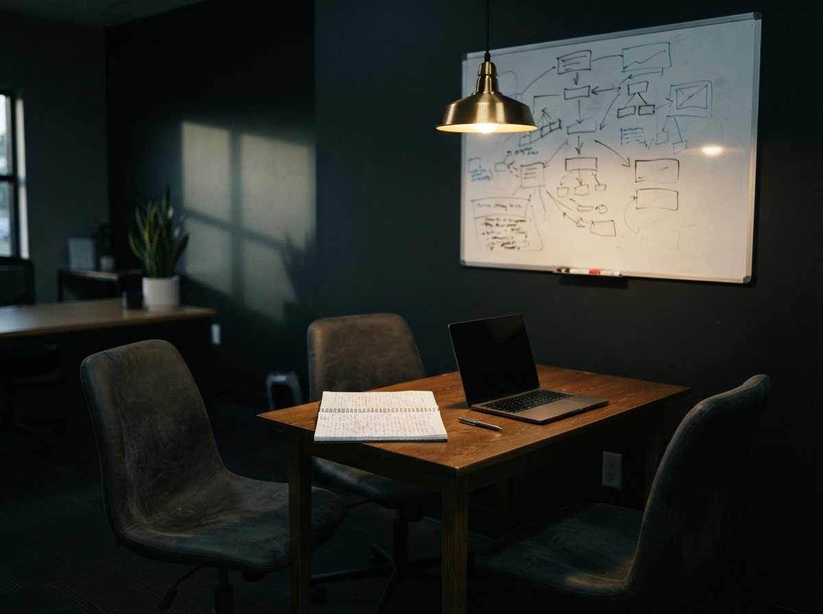 A small consulting table in a dark modern office: two chairs, a strategy board on the wall carrying abstract unreadable