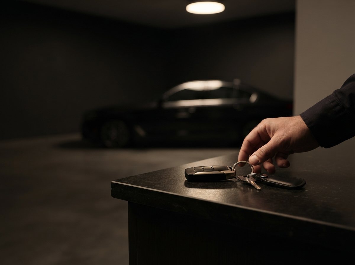 A close, shallow-focus frame of a single set of car keys resting on a polished dark stone counter, with a clean premium dark